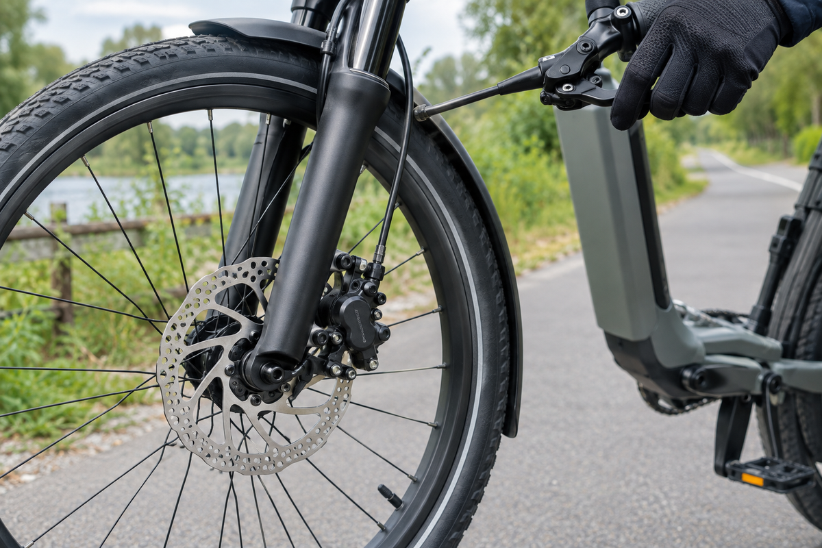 Illustration of an e-bike front disc brake and a rider checking the brake lever before a ride