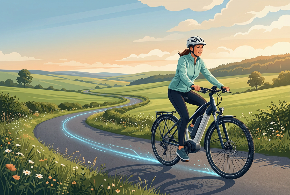 AI illustration of a helmeted cyclist riding an electric bicycle on a countryside path.