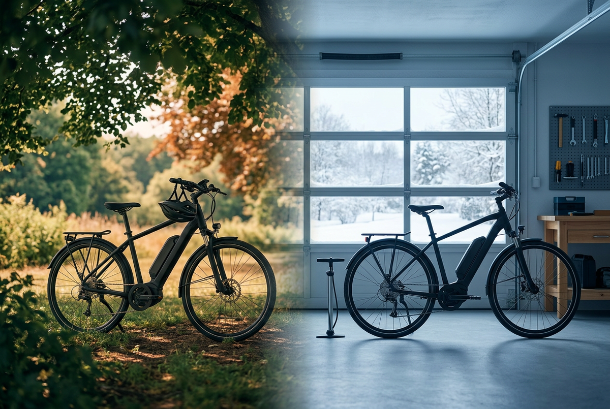 Illustrative e-bike sheltered from summer heat and stored indoors in winter
